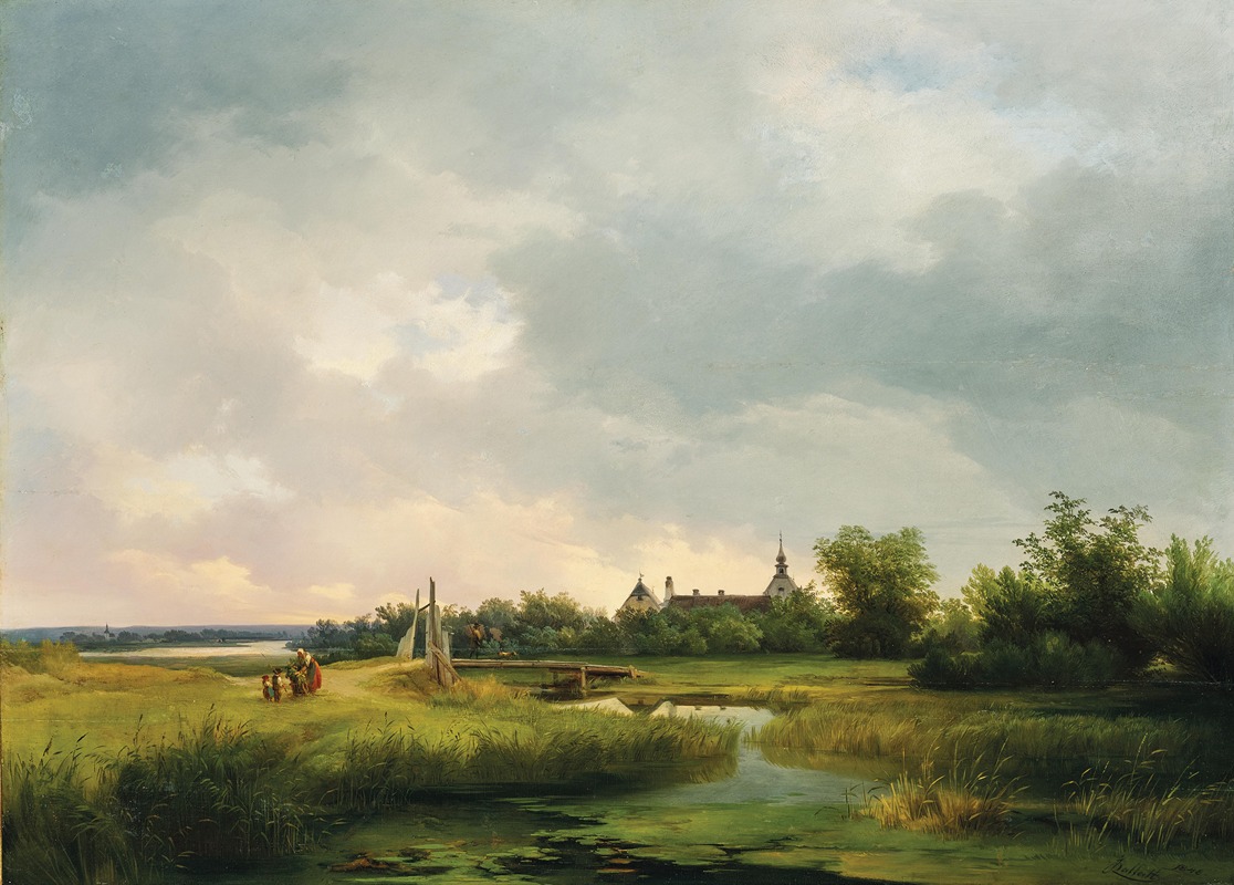 Ignaz Raffalt - A Vast River Landscape with a Family Returning Home