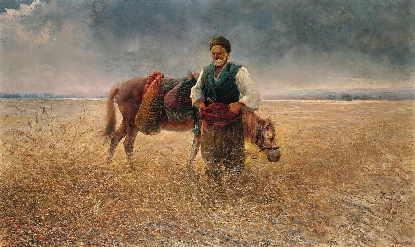 Ivan Angelov - A Peasant with a Donkey in a Field