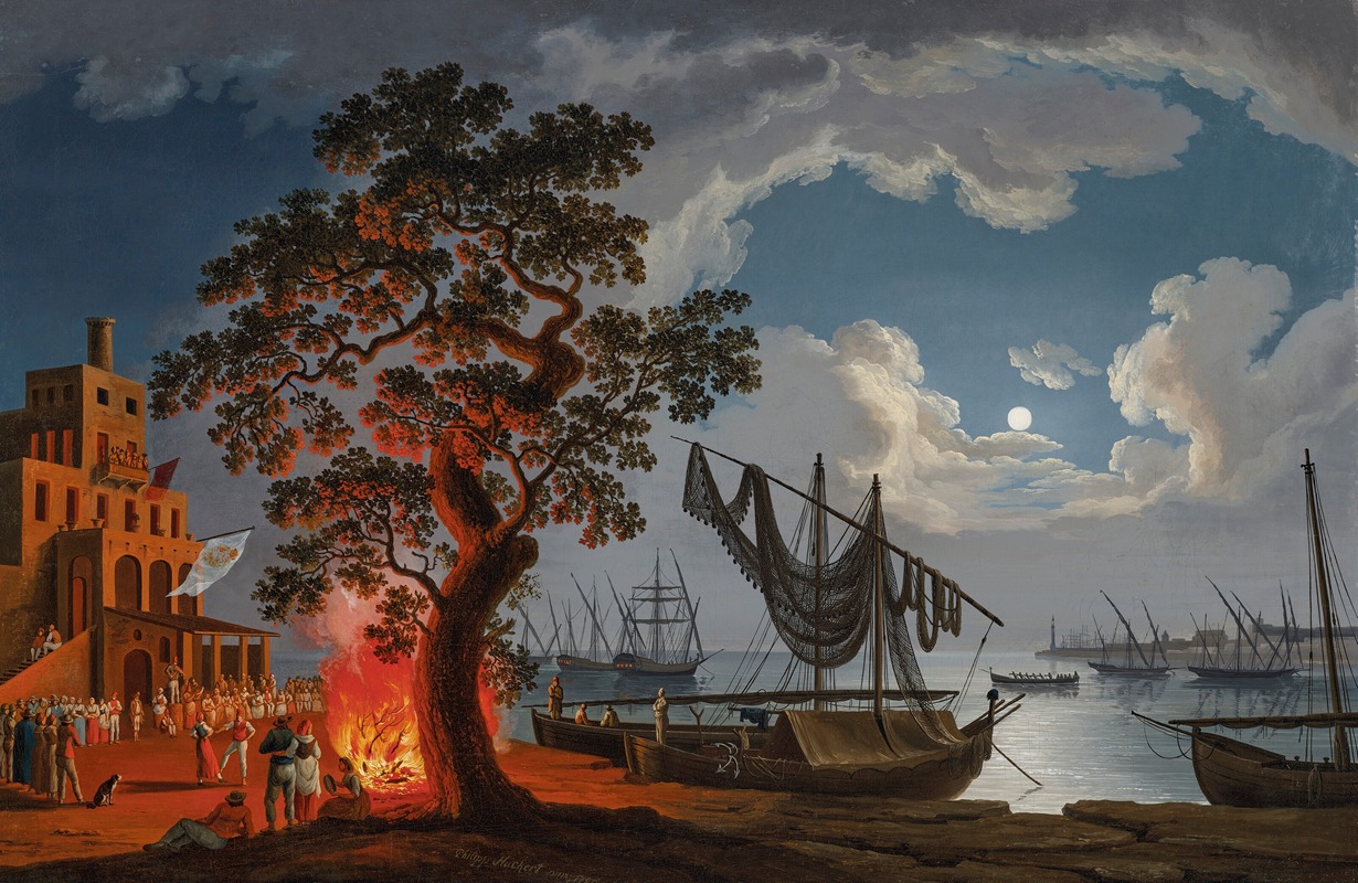 Jacob Philipp Hackert - A customs house, with dancers and musicians next to a fire, boats in a bay beyond