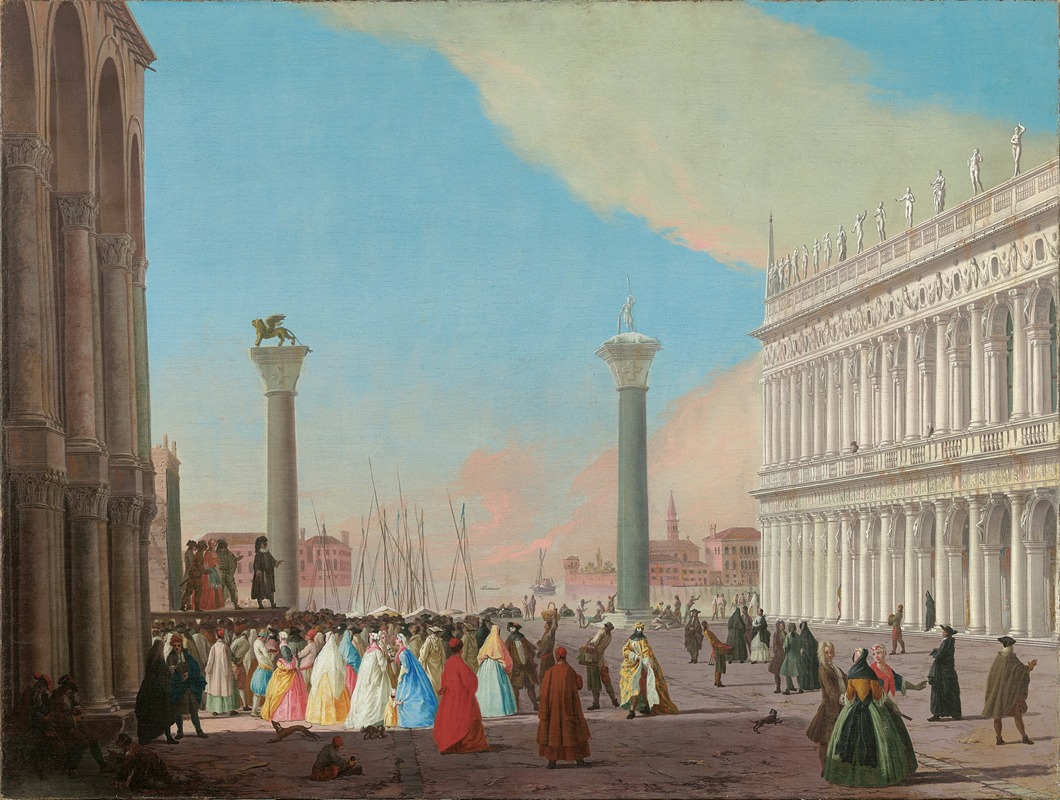 Johann Richter - Venice, the Piazzetta looking south from the Basilica di San Marco with the Biblioteca and a crowd gathered to watch a Commedia dell’arte performance