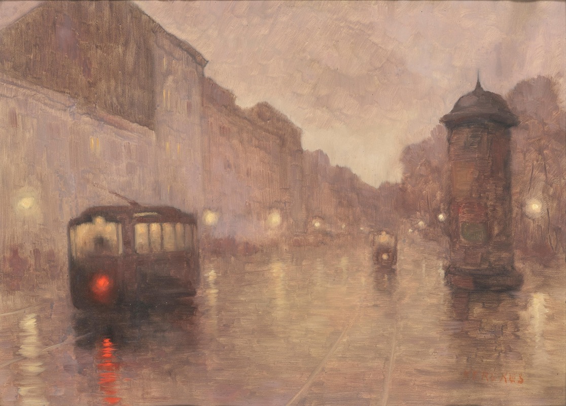 Joszef Kerekes - A street in Budapest in the rain