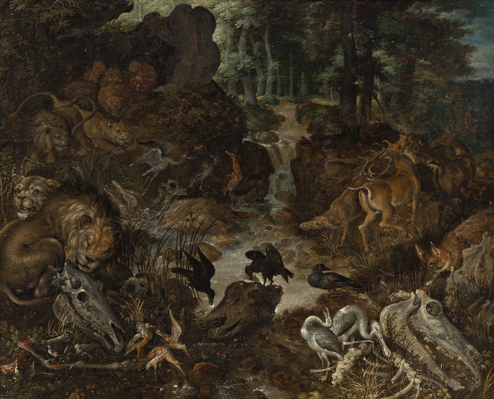 Roelant Savery - Lions and Fox in a Rugged Landscape