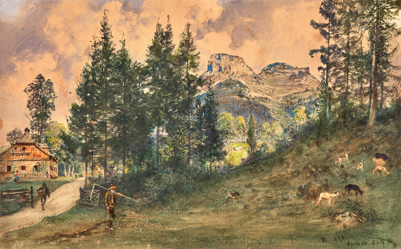 Rudolf von Alt - A mountain pasture in Aussee with a view of Loser mountain