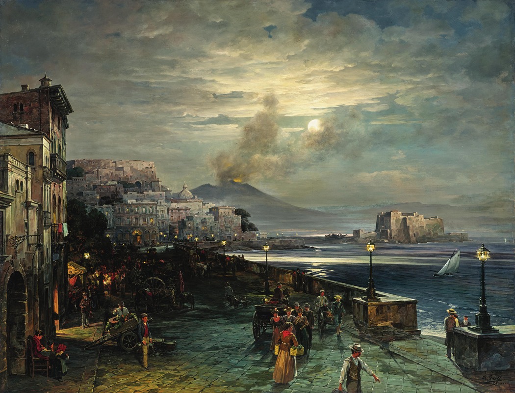 Theodor Groll - Naples, a Pier at Night with a View of Vesuvius