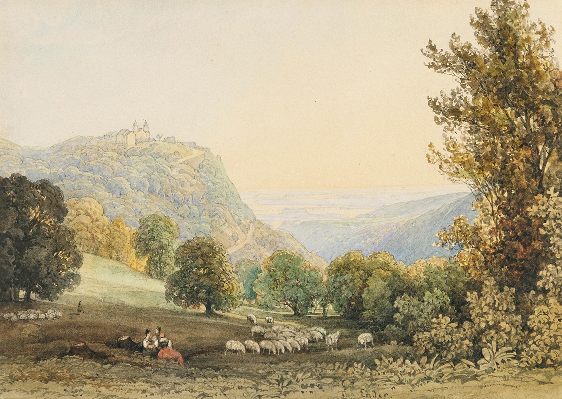 Thomas Ender - View of Leopoldsberg with resting women and sheep in the foreground