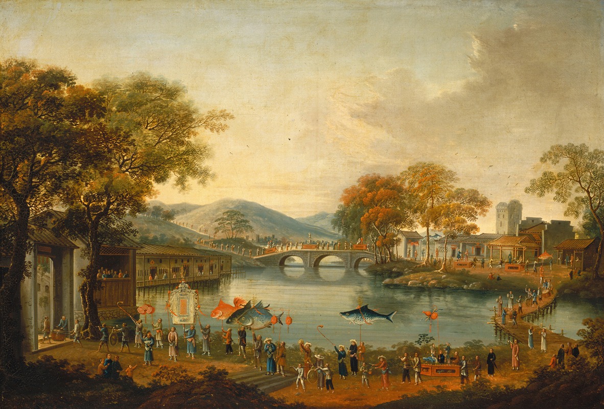 Chinese Qing Dynasty - Procession by a Lake