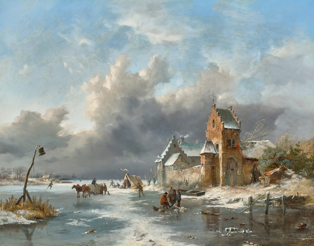 Frederik Marinus Kruseman - Winter landscape with figures on a frozen river