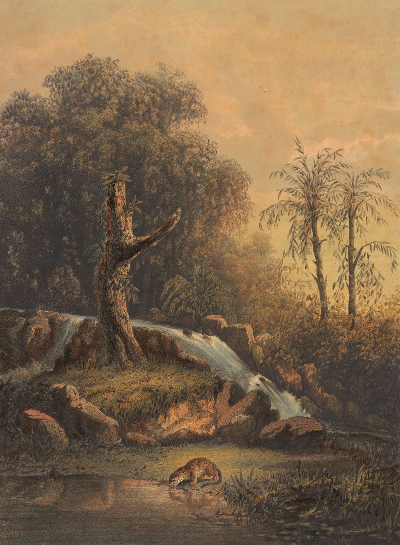 Johan Conrad Greive - Landschap met waterval en drinkend luipaard. Woest landschap (oosthoek van Java)