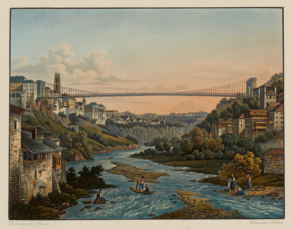 Constantin Guise - Vue de Fribourg et du Pont de fil en fer