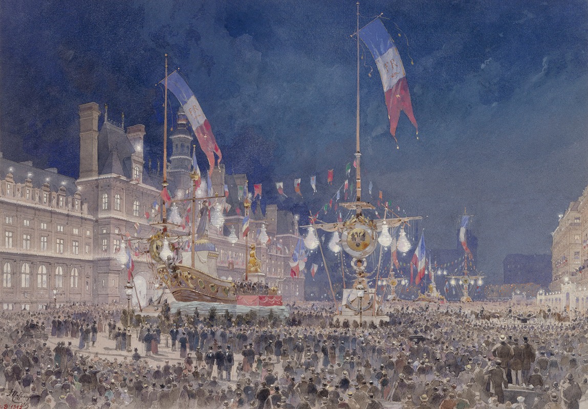 Fédor Hoffbauer - Illuminations de l’Hôtel de Ville lors de la fête nocturne sur la place. Fêtes Franco-Russes à Paris, le 19 octobre 1893