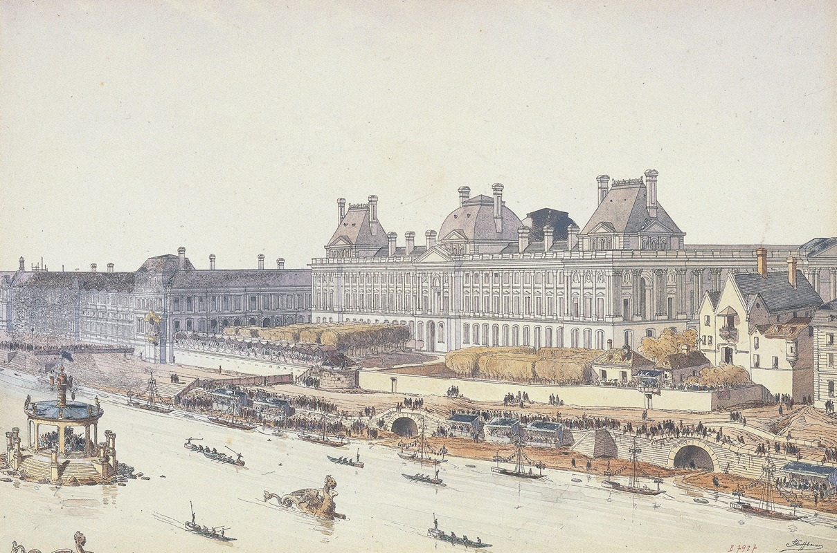 Fédor Hoffbauer - Le Louvre sous Louis XV, spectacle nautique de Servandoni pour le mariage de Louise-Elisabeth avec le future Duc de Parm