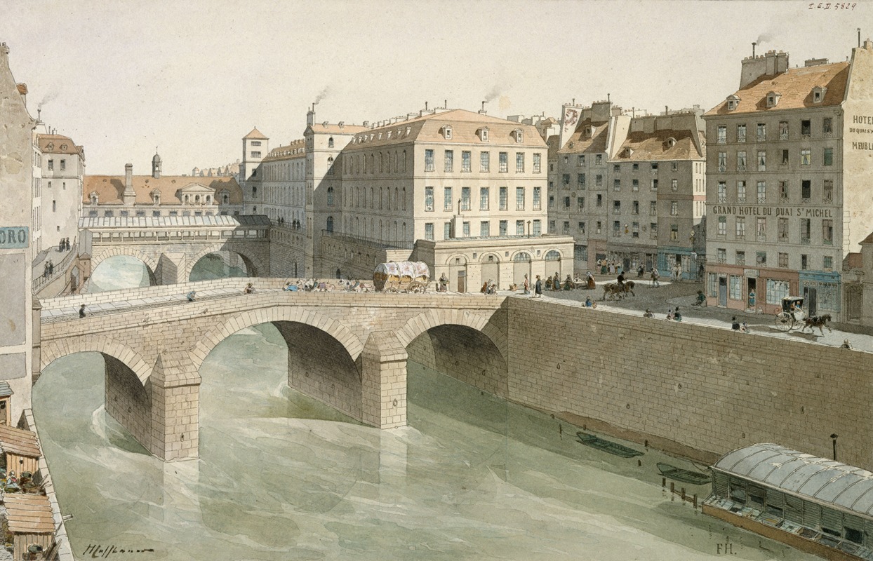 Fédor Hoffbauer - Le Petit-Pont et la place du Petit-Pont en 1830