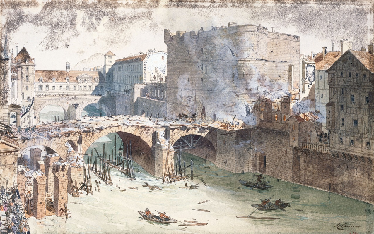 Fédor Hoffbauer - Le Petit-Pont et le Petit-Châtelet après l’incendie du 27 avril 1718, actuellement rue du Petit-Pont, quai Montebello