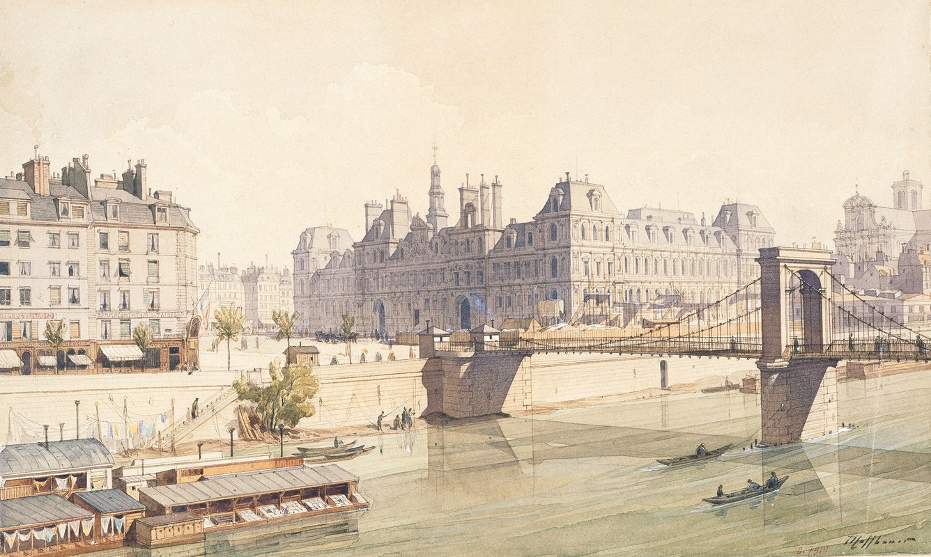 Fédor Hoffbauer - L’Hôtel de Ville et le pont d’Arcole en 1842