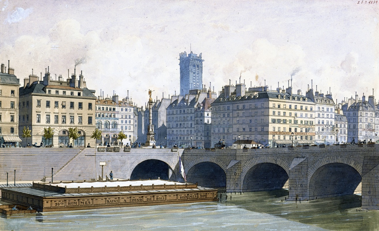 Fédor Hoffbauer - Vue de la place du Châtelet et le pont aux Changes, en 1830