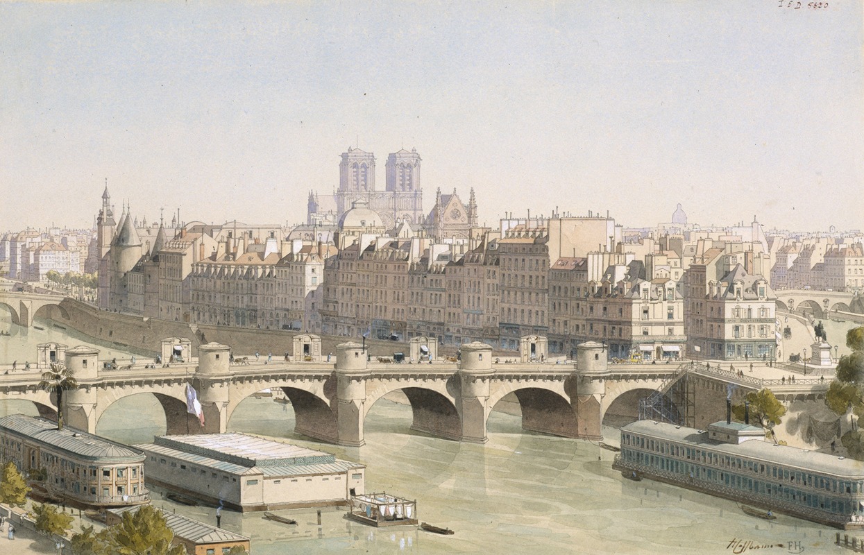 Fédor Hoffbauer - Vue de l’île de la Cité et le pont-Neuf avec ses boutique, vers 1840