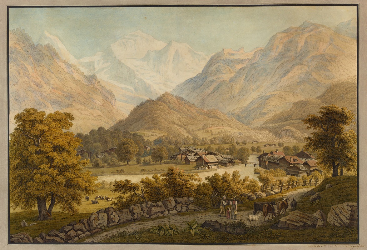 Heinrich Rieter - vue de la ville d’Unterseen & de la jungfrau