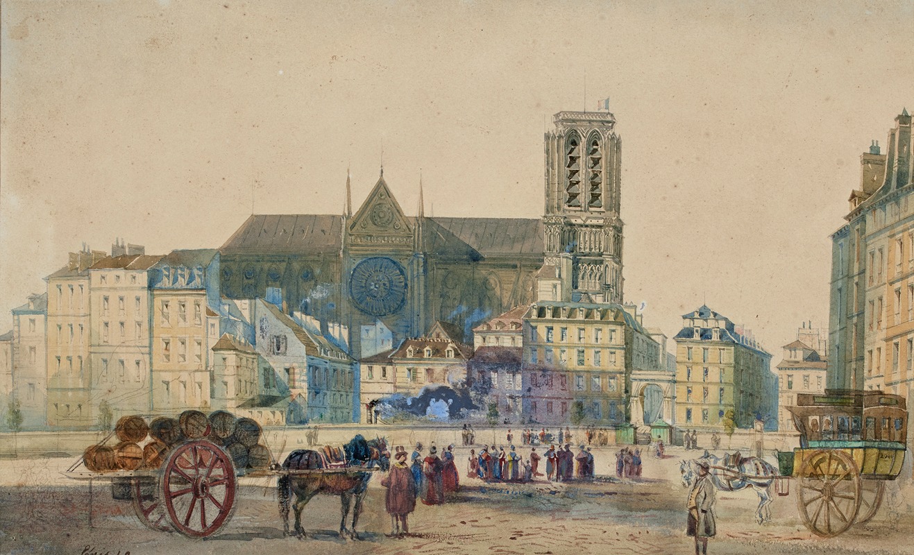 Henri Jean Baptiste Levis - Notre-Dame et le pont d’Arcole vus de la place de l’Hôtel de Ville en 1845