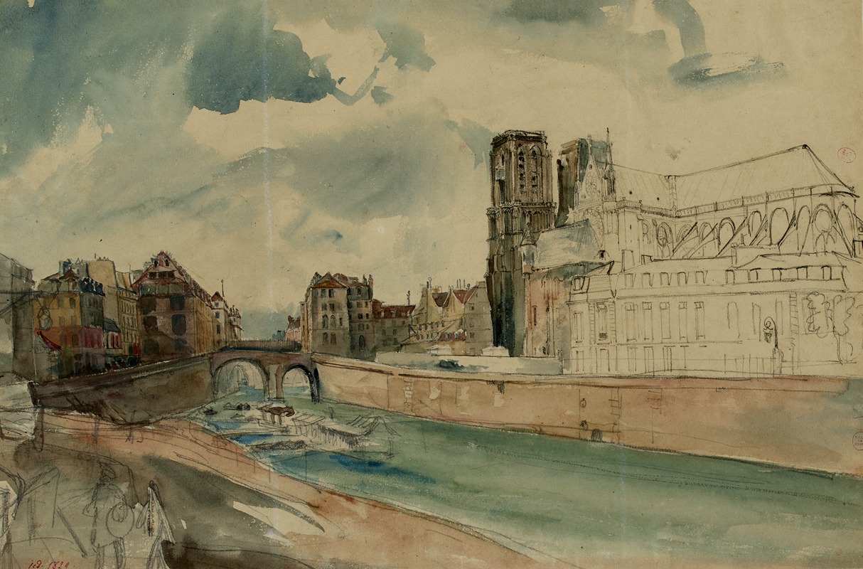 Henri Jean Baptiste Levis - Seine devant l’archevêché et la cathédrale Notre-Dame vers 1840