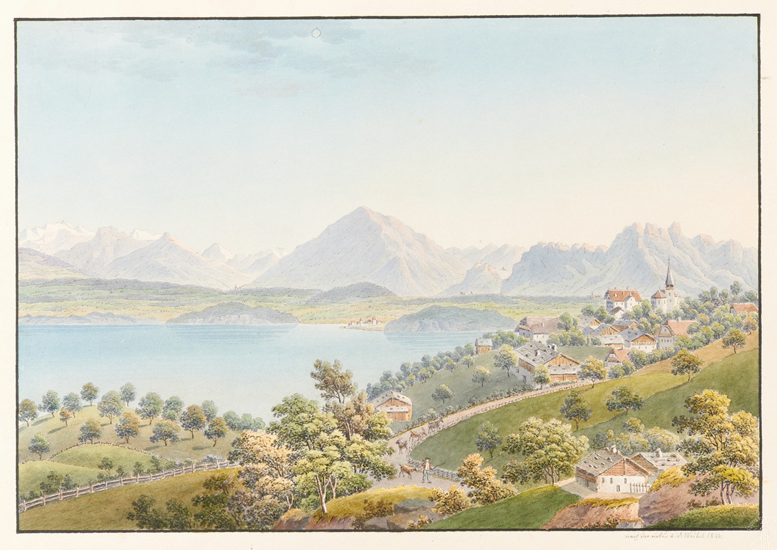 Jakob Samuel Weibel - Vue dessiné depuis le Village de Sigriswil, audessus du Lac de Thoune