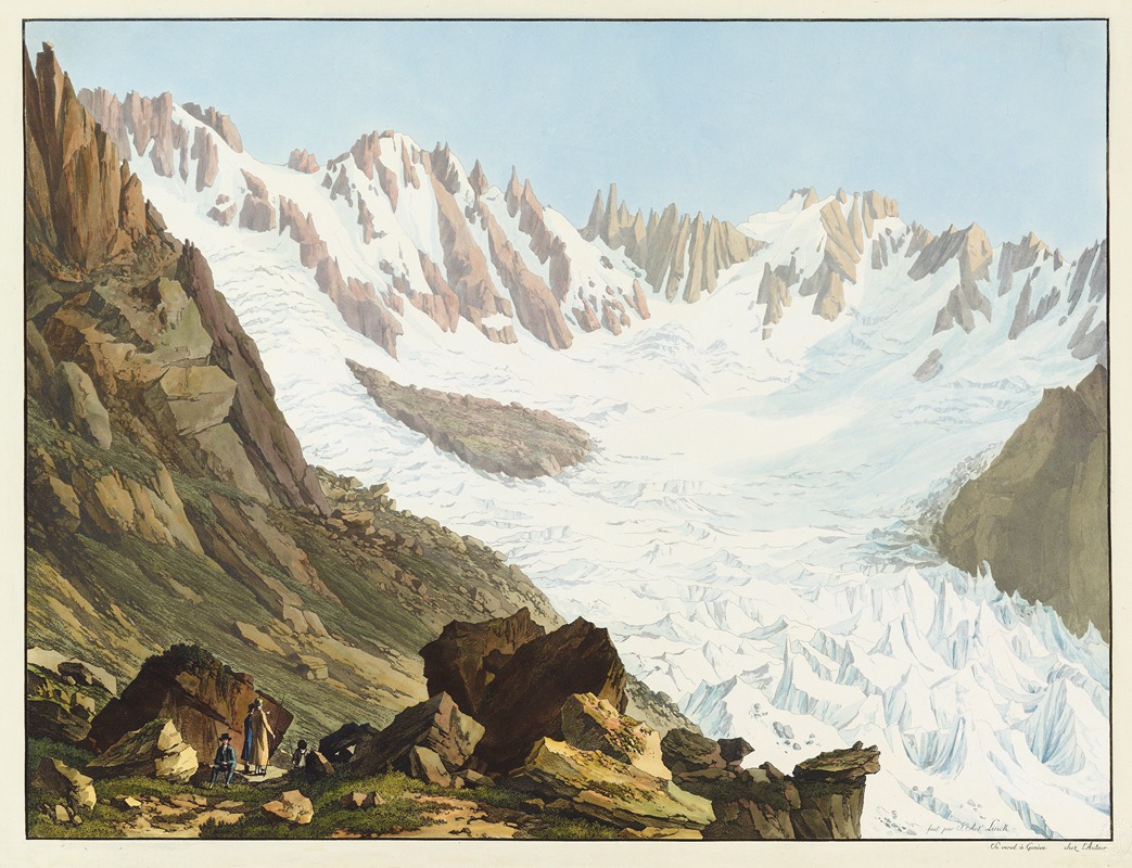 Jean-Antoine Linck - Vue du Jardin, des Droites, et des Courtes, des Aiguilles de l’Echau, des Rouges, et du Glacier du Talefre, prise du Sommet du Rocher du Couvercle