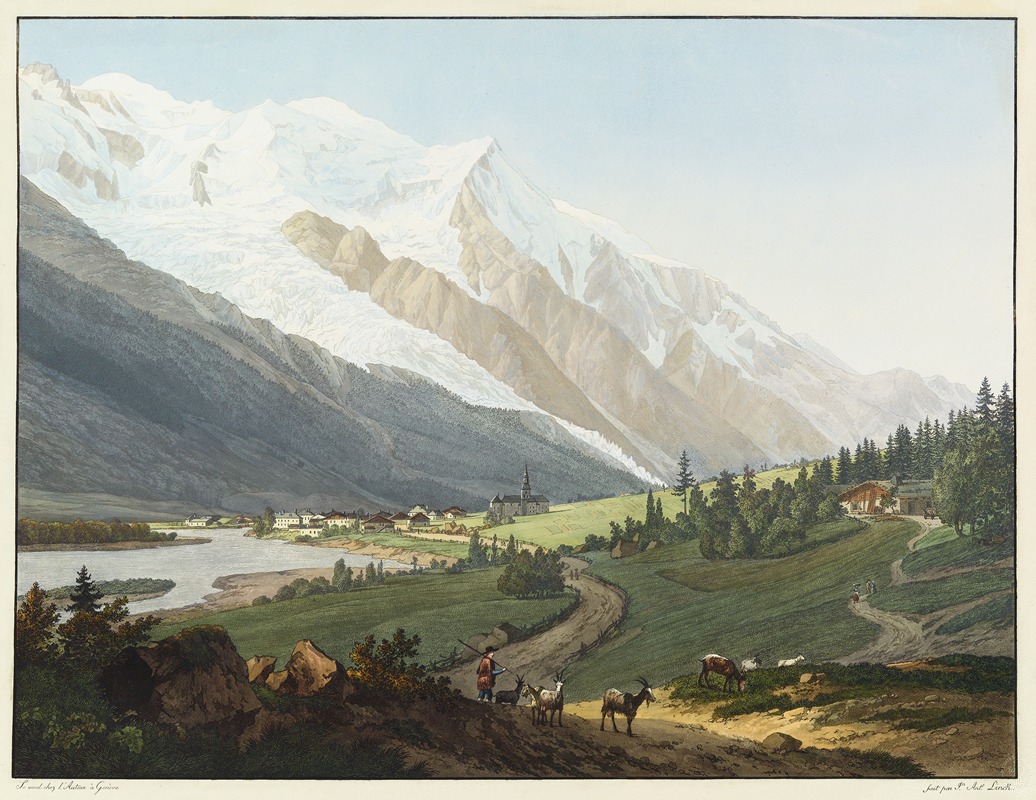 Jean-Antoine Linck - Vue du Prieuré de Chamouni, du Mont-Blanc, de l’Aiguille du Gouté, et du Glacier des Buissons