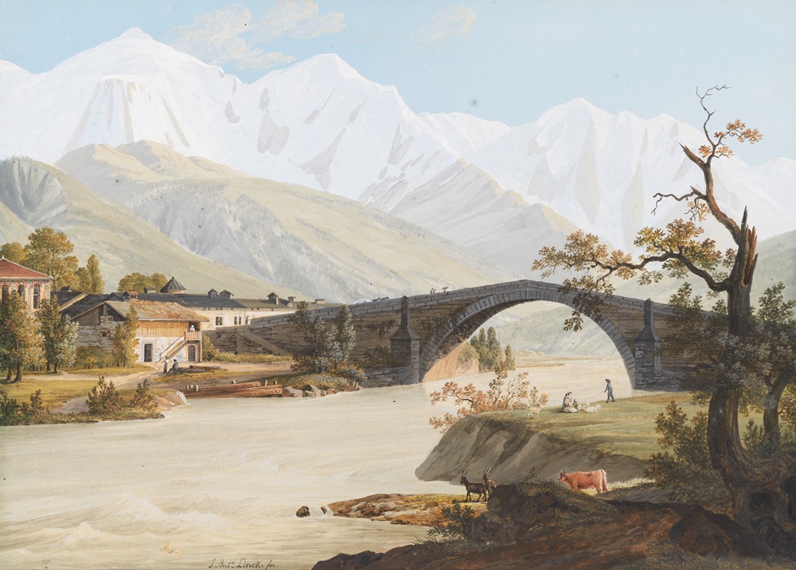 Jean-Antoine Linck - Vue du Village & du Pont de St. Martin, du Mont Blanc du Bionnasse