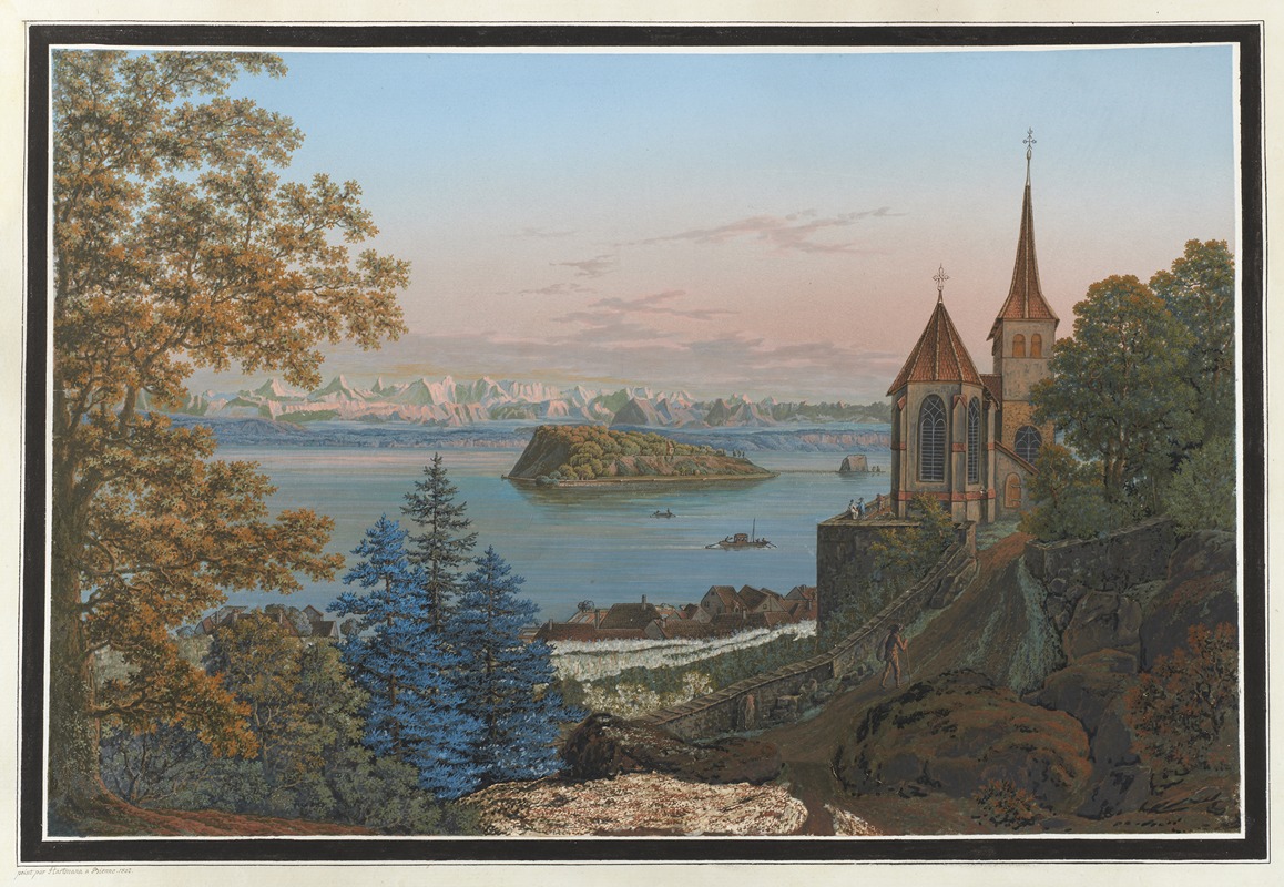 Johann Joseph Hartmann - Vue contre les Glaciéres et l’Isle St.-Pierre au dessus du Village de Glerésse sur le Lac de Bienne