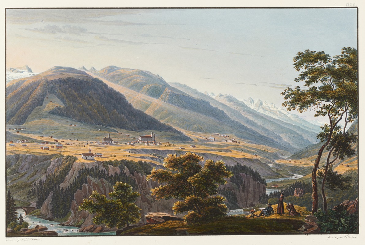 Johann Ludwig Bleuler - Vue du couvent de Dissentis, et de ses environs, prise près de la réunion de deux bras du Rhin supérieur et celui du milieu