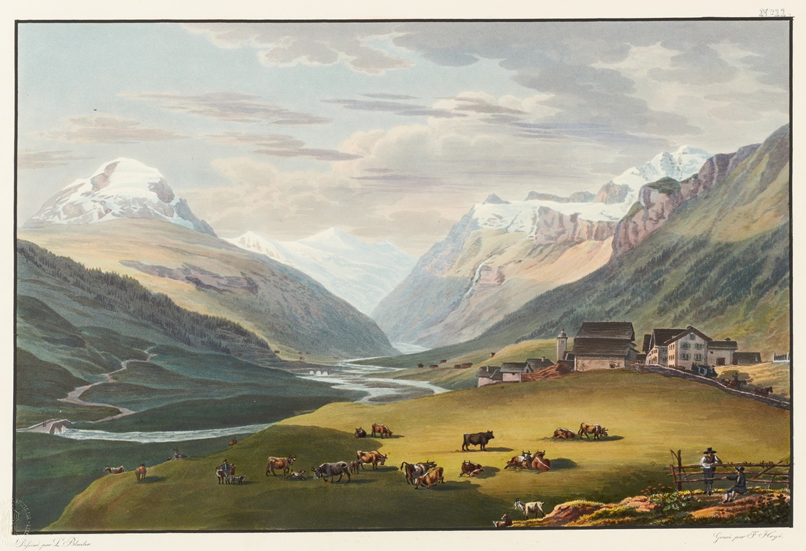 Johann Ludwig Bleuler - Vue du village Hinterrhein, et des premiérs pont sur le Rhein interieur; prise vers le glacier de Rheinwald