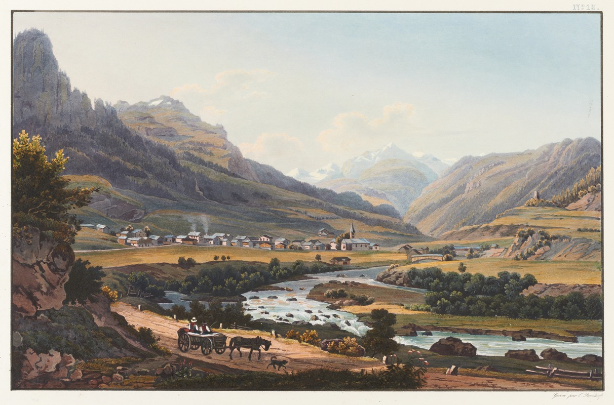 Johann Ludwig Bleuler - Vue du village de Zillis dans la vallée de Schams, en venant de Via Mala, Canton des Grisons