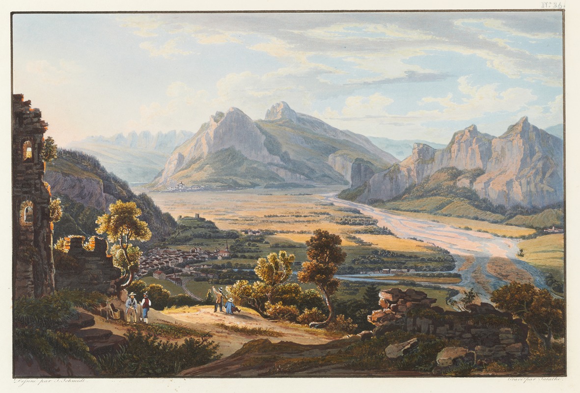 Johann Ludwig Bleuler - Vue de la Ruine de Haldenstein au dessus de Ragatz et de la ville de Sargans