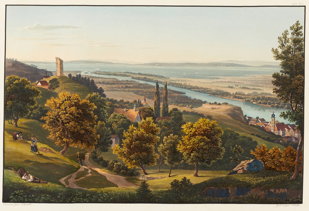 Johann Ludwig Bleuler - Entrée du Rhin dans le lac de Constance avec la ville et la Ruine de Rheineck