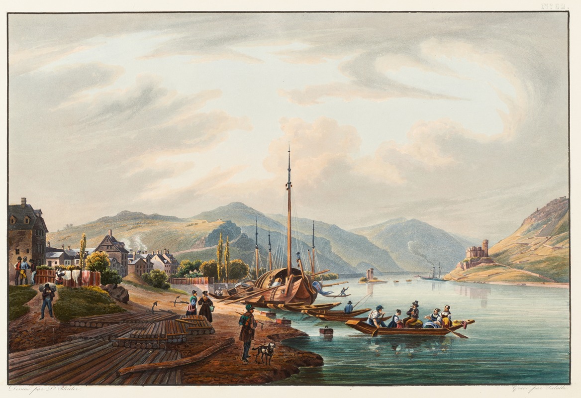 Johann Ludwig Bleuler - Vue de la ville de Bingen vers le Bingerloch et la Tour des Souris