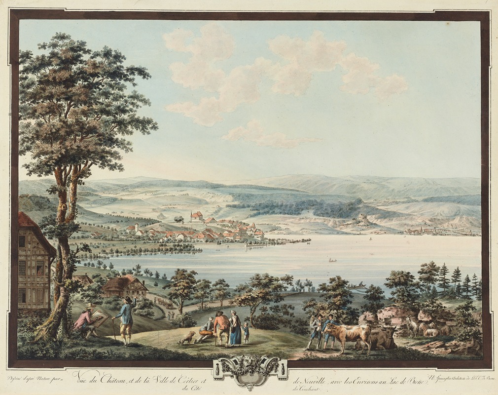 Niklaus Sprüngli - Vüe du Château, et de la Ville de Cerlier et de Neuville, avec les Environs au Lac de Bienne