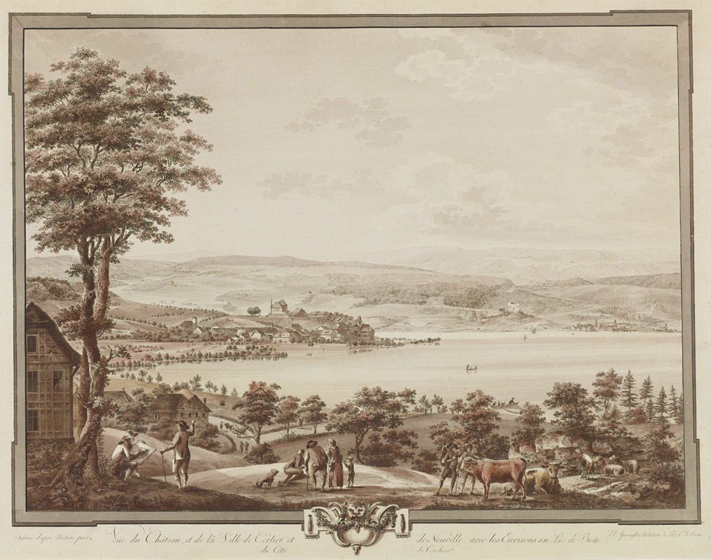 Niklaus Sprüngli - Vüe du Château, et de la Ville de Cerlier et de Neuville, avec les Environs au Lac de Bienne