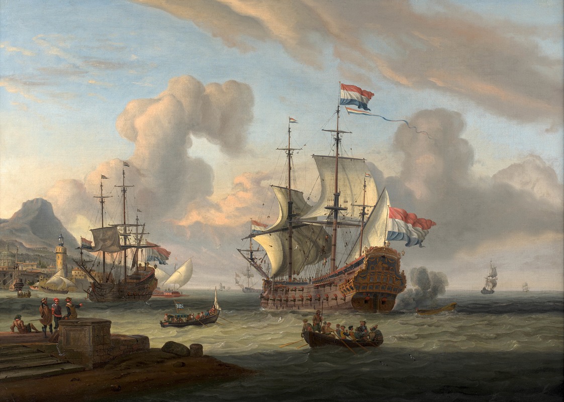 Abraham Storck - Navires de guerre hollandais au large d’un rivage méditerranéen