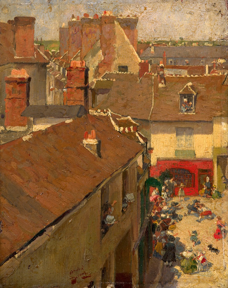 André Devambez - Rixe sur une place de village, vue de haut