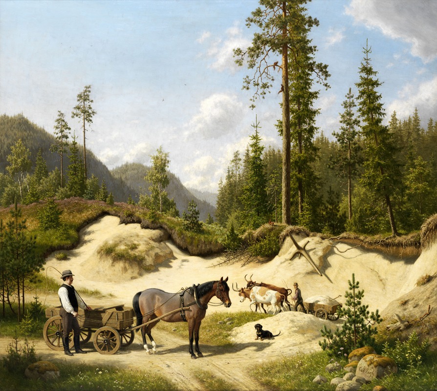 Carl Bøgh - Two men with carts in front of a pine forest