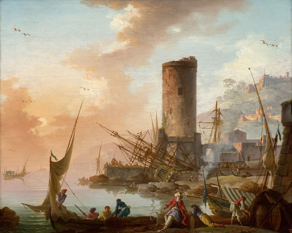 Charles-François Lacroix - Mediterranean port bustling with Levantine fishermen and merchants in the morning