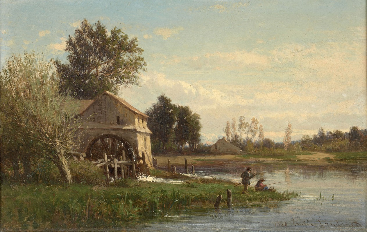 Emile Charles Lambinet - Pêcheurs devant un moulin