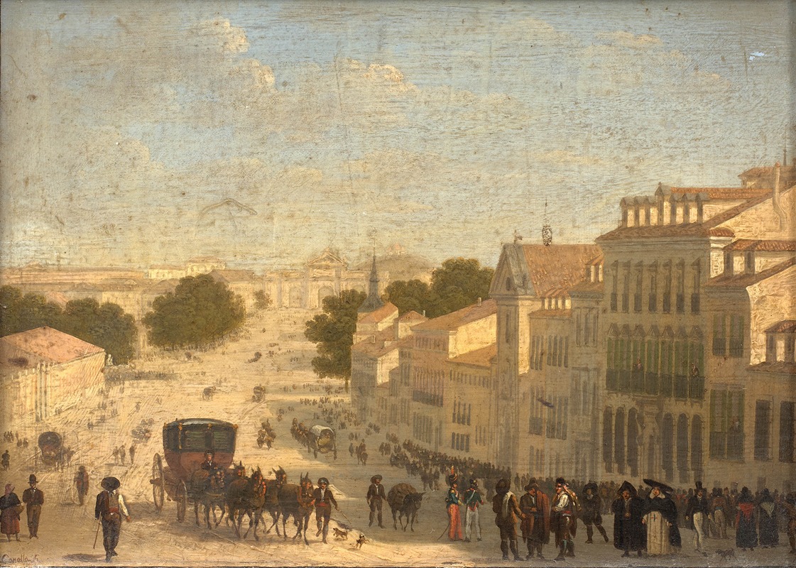 Giuseppe Canella - Vue de la Calle de Alcalà avec la fontaine de Cybèle et la porte d’Alcalà, Madrid