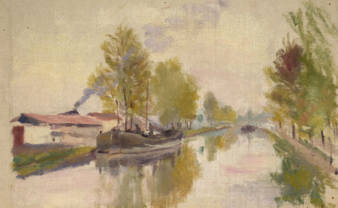 Jeanne Jegou-Cadart - Paysage fluvial et son reflet au couchant rose