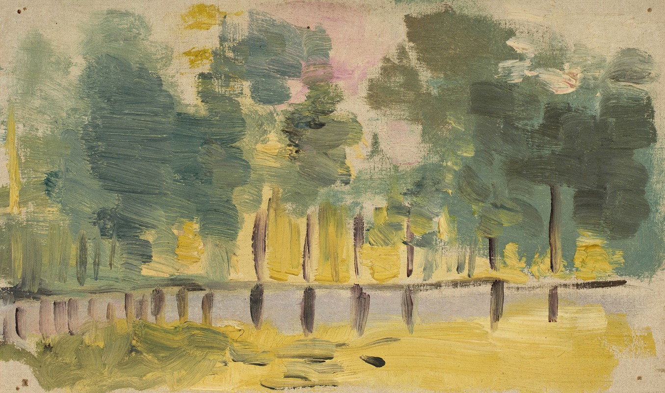 Jeanne Jegou-Cadart - Reflet sur l’eau d’une haie d’arbres sous une lumière de couchant.