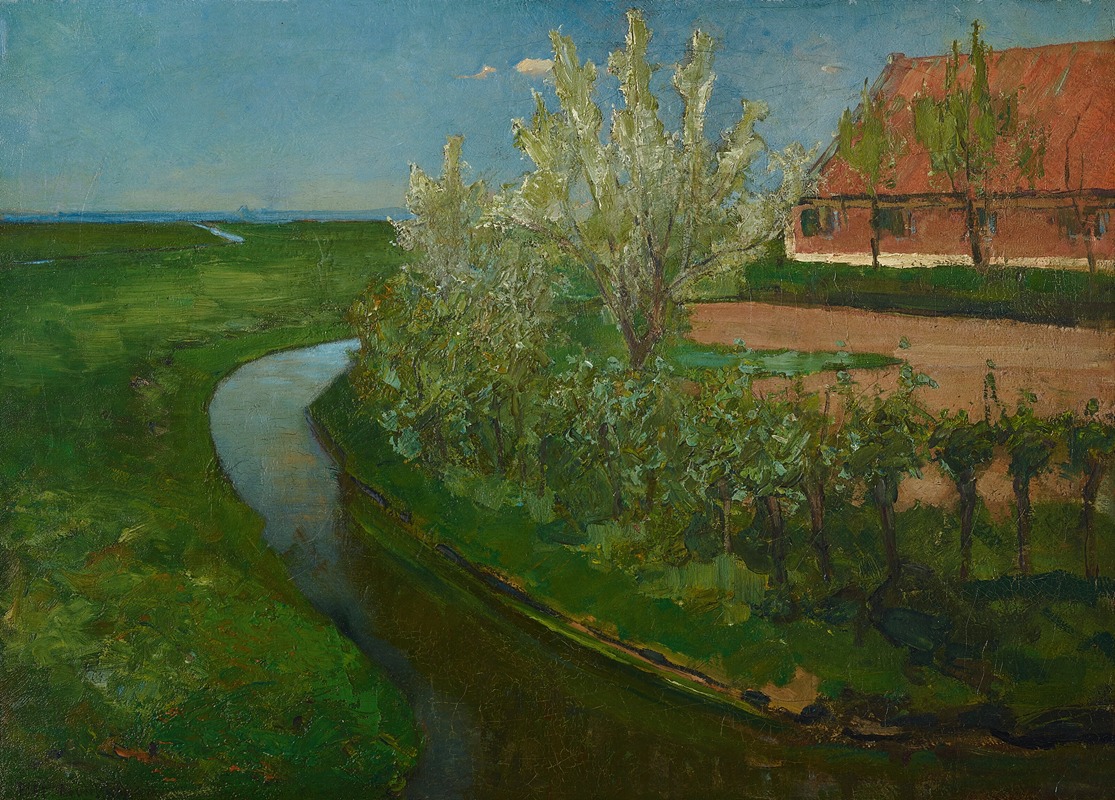 Piet Mondrian - Gebogen irrigatiegracht grenzend aan boerenerf met Bloeiende bomen (Curved Irrigation Ditch Bordering Farmyard with Flowering Trees)