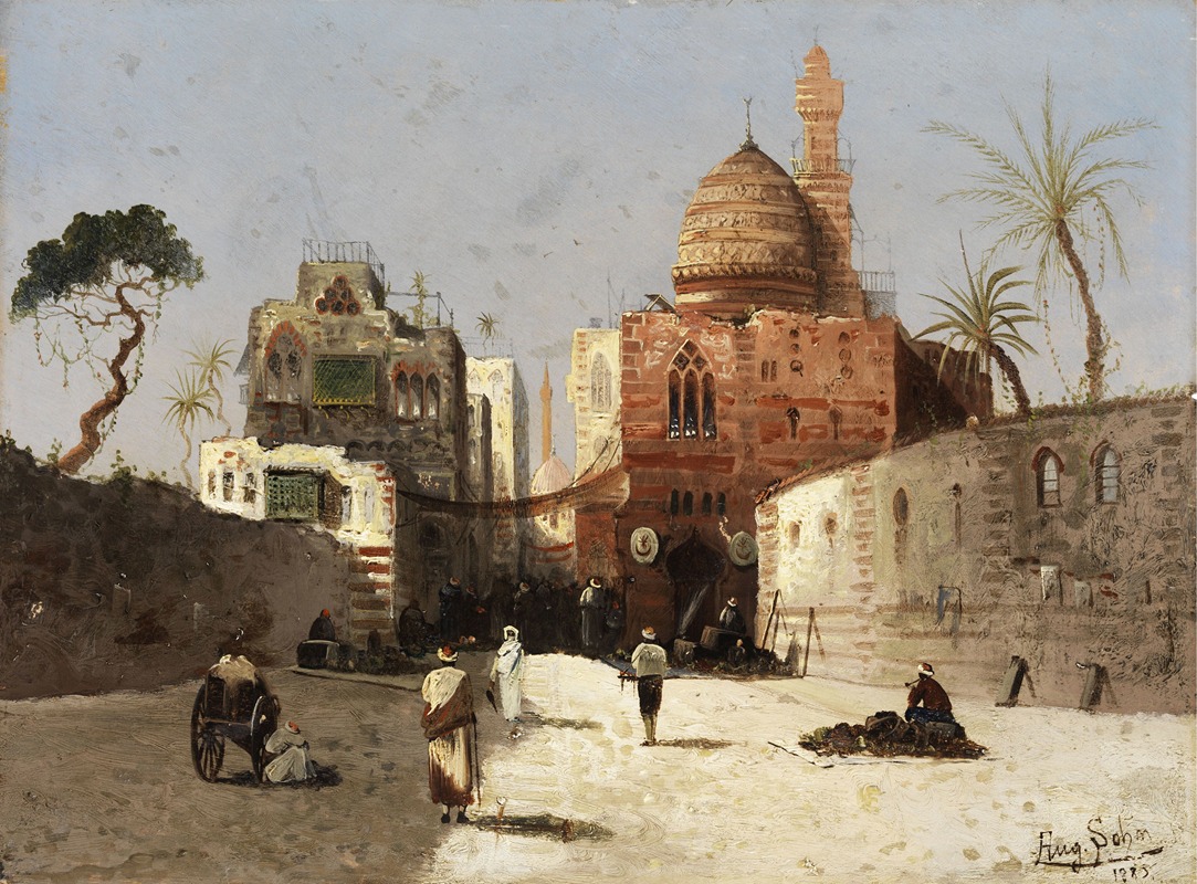 Wilhelm Sohn - Orientalische Straßenszene mit Moschee, Minarett und Händlern auf einem Vorplatz