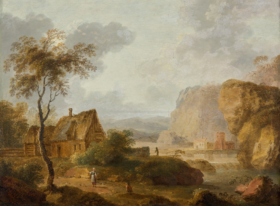 Christian Hilfgott Brand - Gebirgslandschaft mit Fluss und Bauernhof.