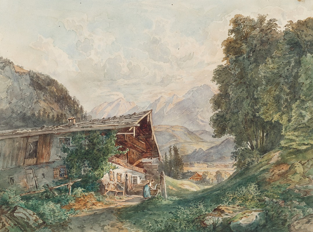 Franz Barbarini - Alpenlandschaft mit Bauernhaus und Frau am Brunnen