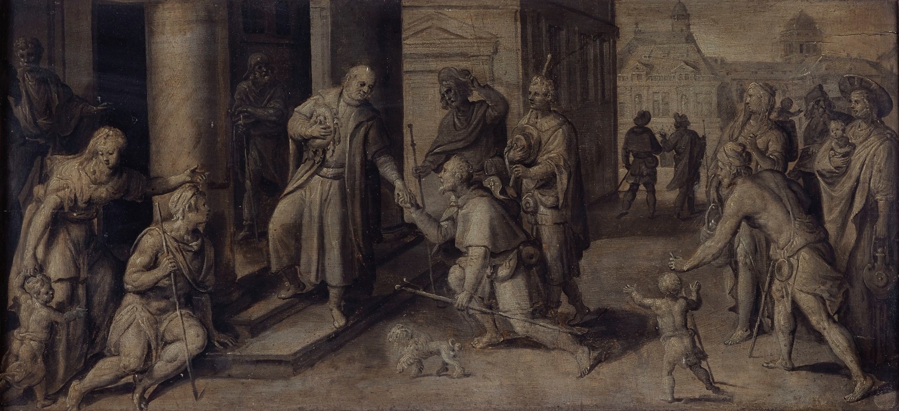 Maerten De Vos - Saint Luke Giving three Pilgrims Alms