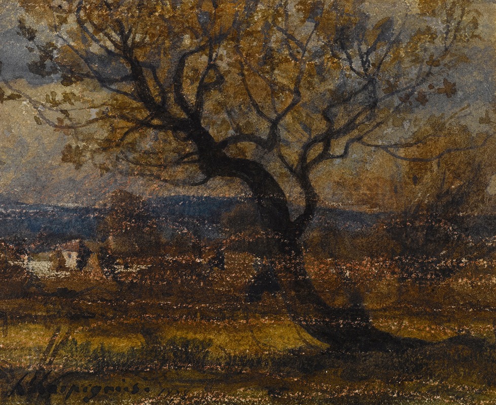 Henri-Joseph Harpignies - Etude d’arbuste, au fond quelques chaumières